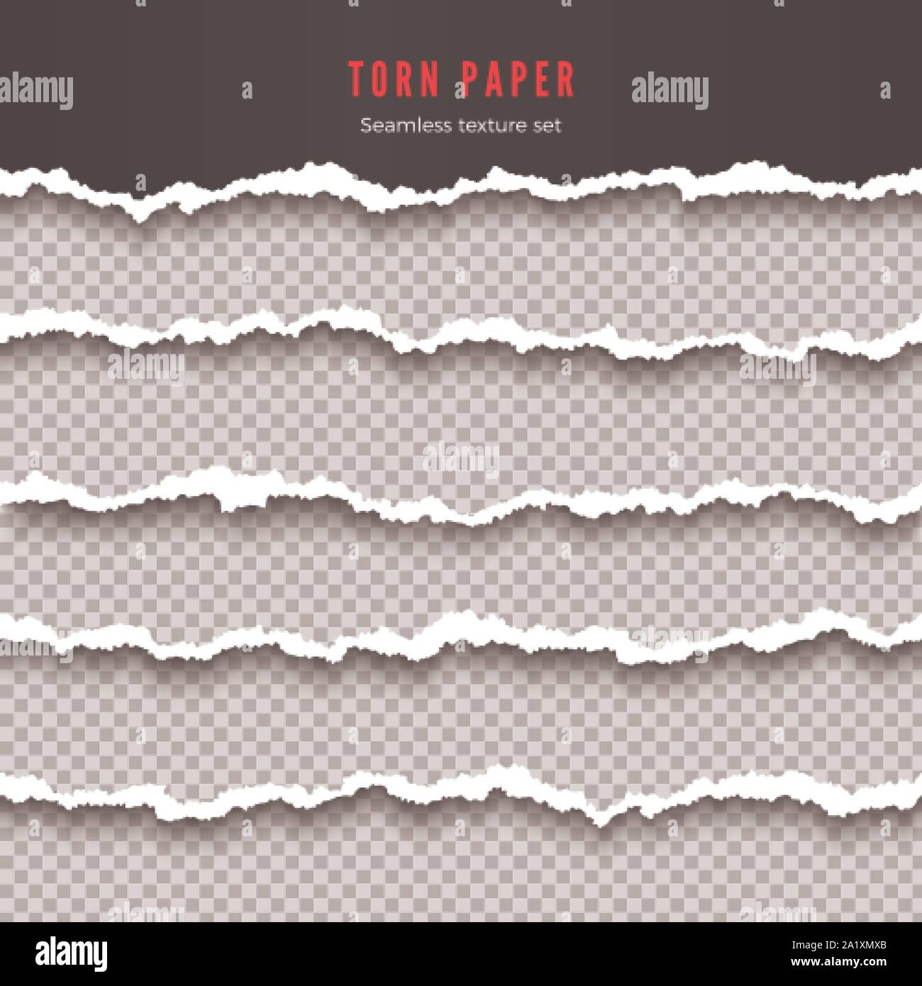 Set di seamless carta strappata strisce di frontiera. Grana carta con bordo danneggiato isolato su sfondo trasparente. Illustrazione Vettoriale Illustrazione Vettoriale