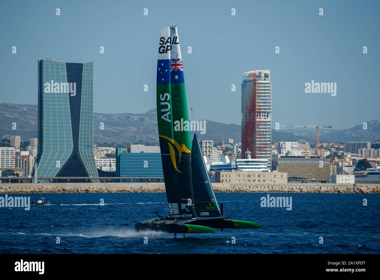 Il Team Australia F50 Catamarani in azione. Il giorno della gara 1. La finale SailGP evento della stagione 1 a Marsiglia, Francia. Il 20 settembre 2019. Foto: Ben Queenb Foto Stock