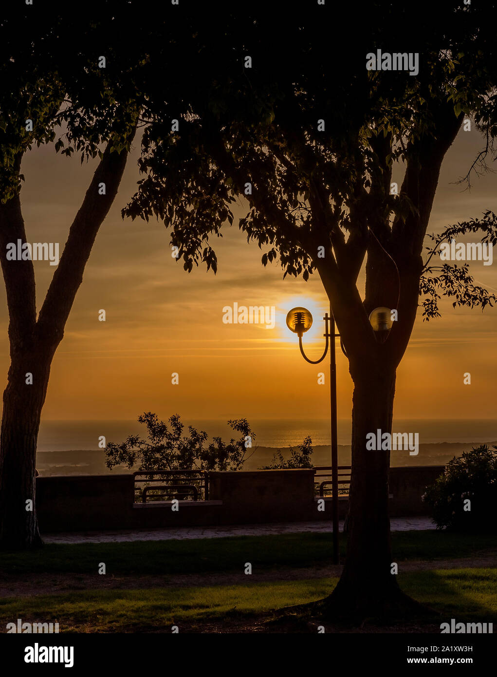 Il sole che illumina un lampione in alberi di un parco affacciato sul mare Foto Stock