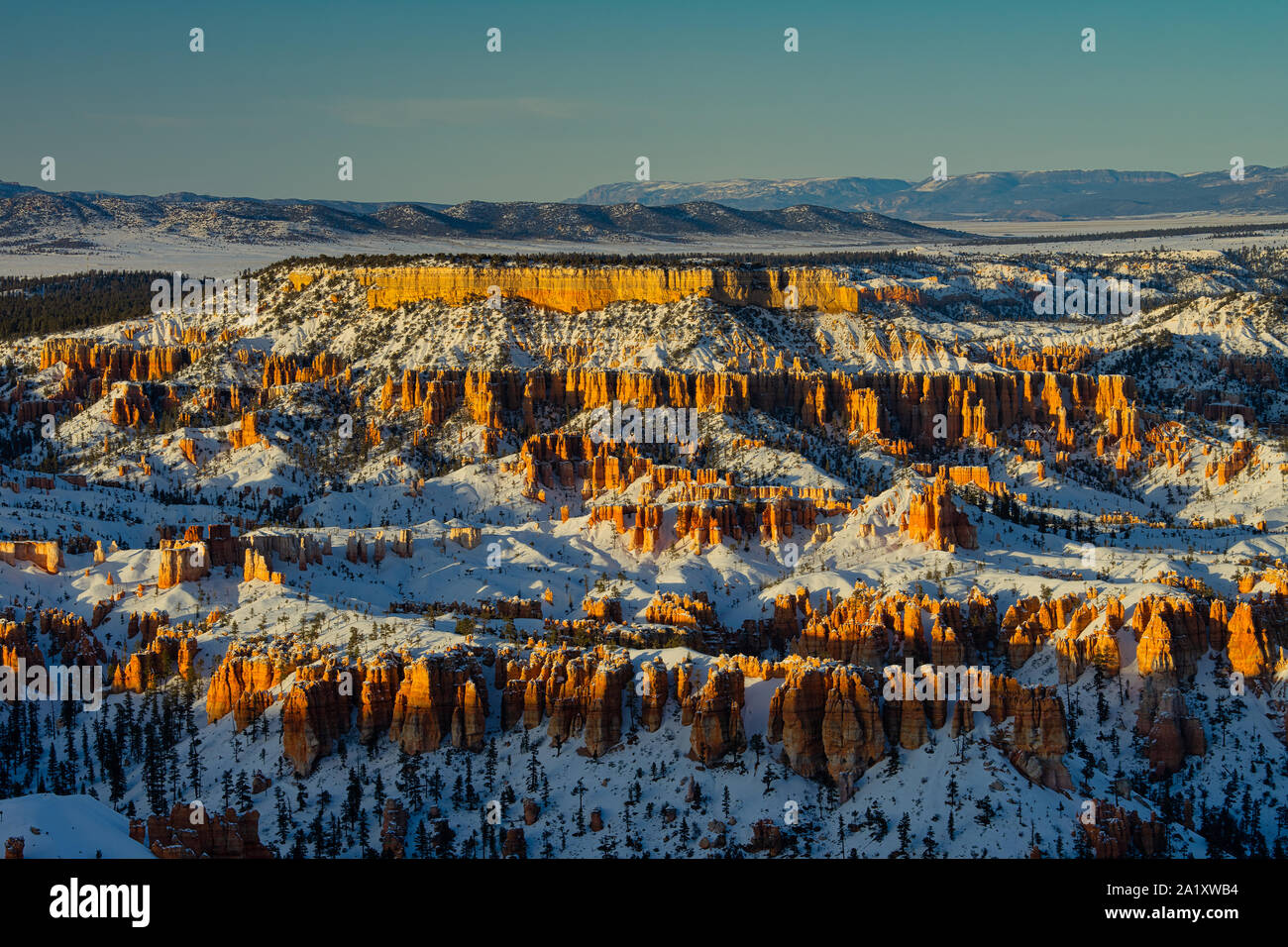 Impostazione sun illuminando le hoodoos nel parco nazionale di Bryce Canyon Foto Stock