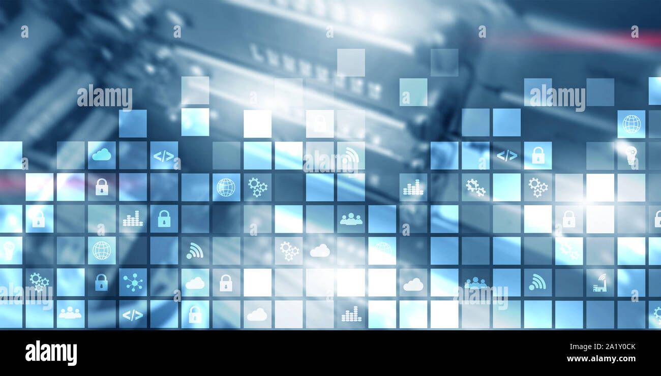 Abstract digitali pixel di sfondo icone sfocate moderna sala server. La tecnologia di telecomunicazione internet Iot di cosa concetto. Foto Stock