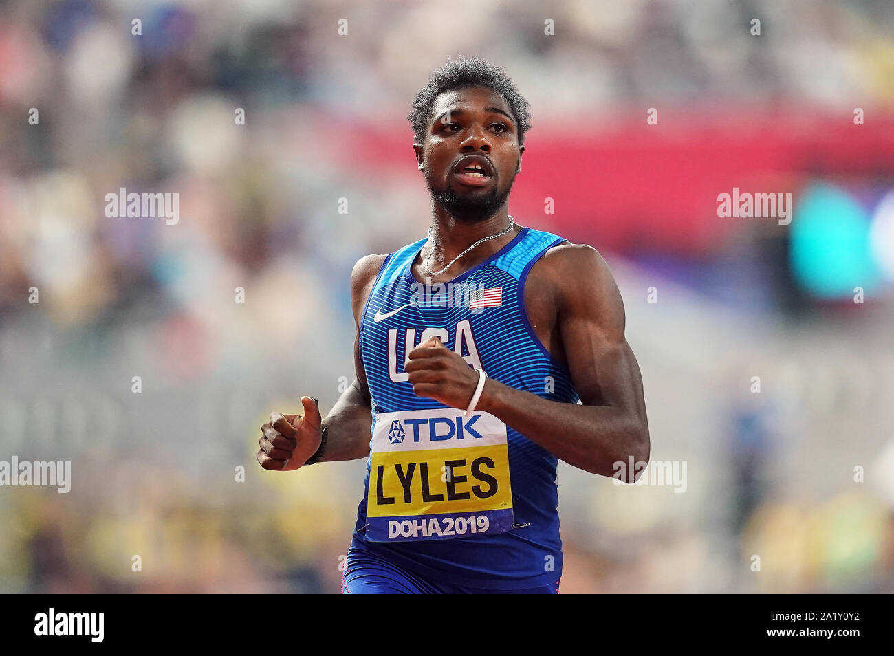 Doha in Qatar. 29Sep, 2019. Noè Lyles di Stati Uniti a competere in 200 metri per gli uomini durante il XVII IAAF mondiale di atletica Al Khalifa Stadium di Doha, in Qatar. Ulrik Pedersen/CSM/Alamy Live News Foto Stock