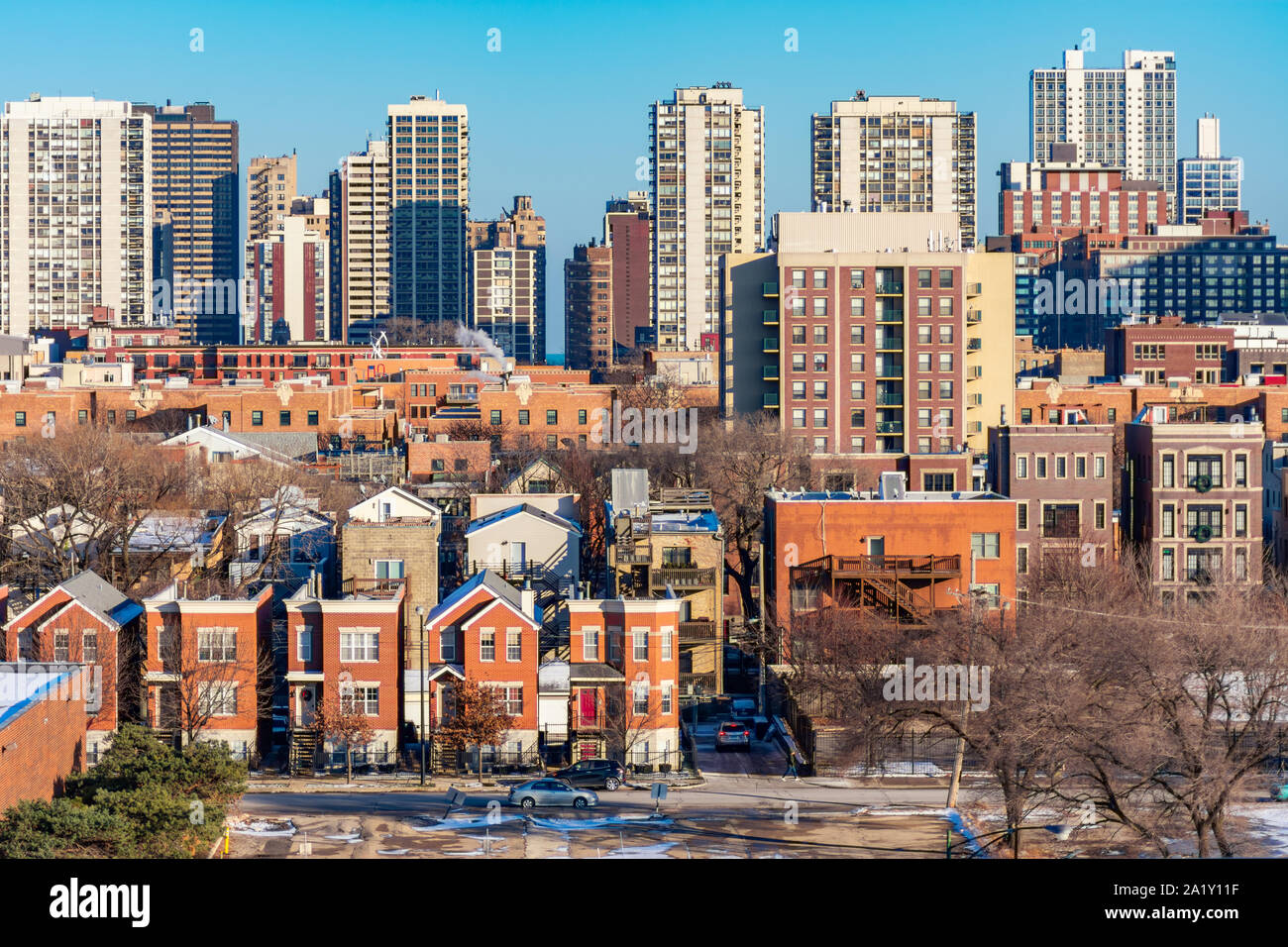 Sullo skyline di Chicago in scena la Città Vecchia e la Gold Coast e dintorni Foto Stock