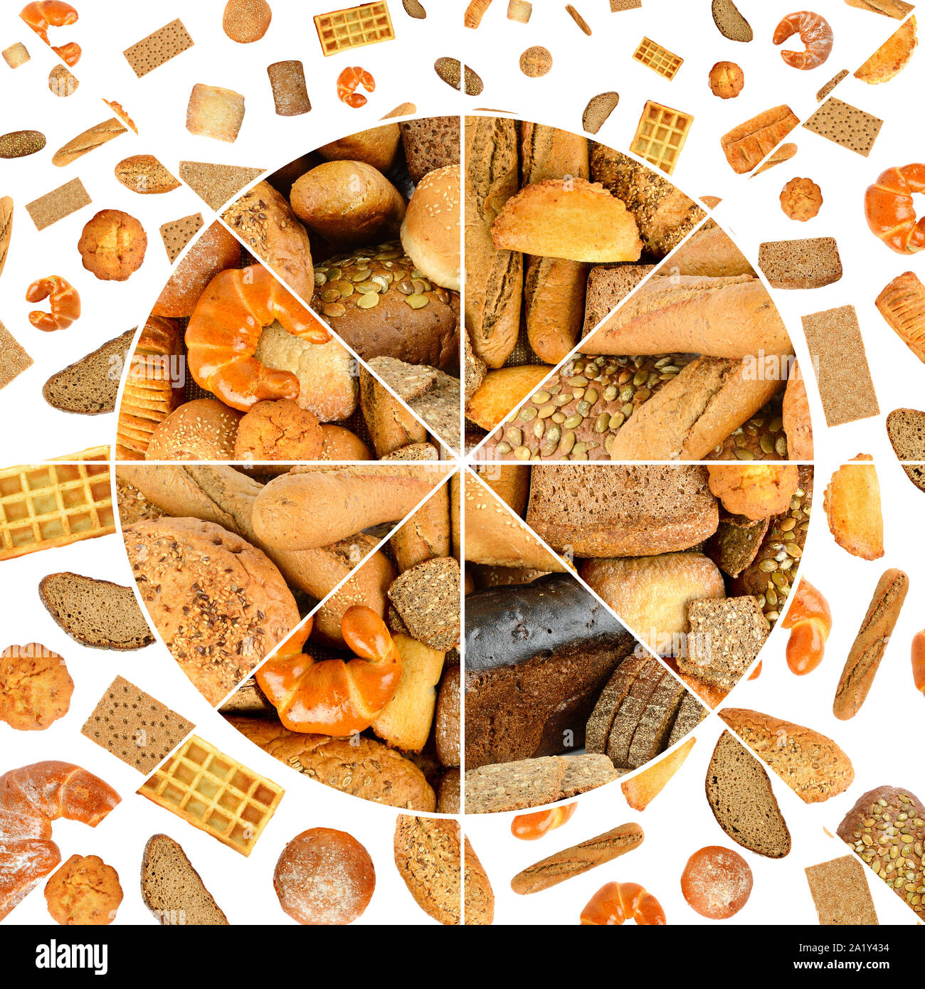 Pane fresco Prodotti nel telaio in forma cerchio isolato su sfondo bianco. Foto Stock