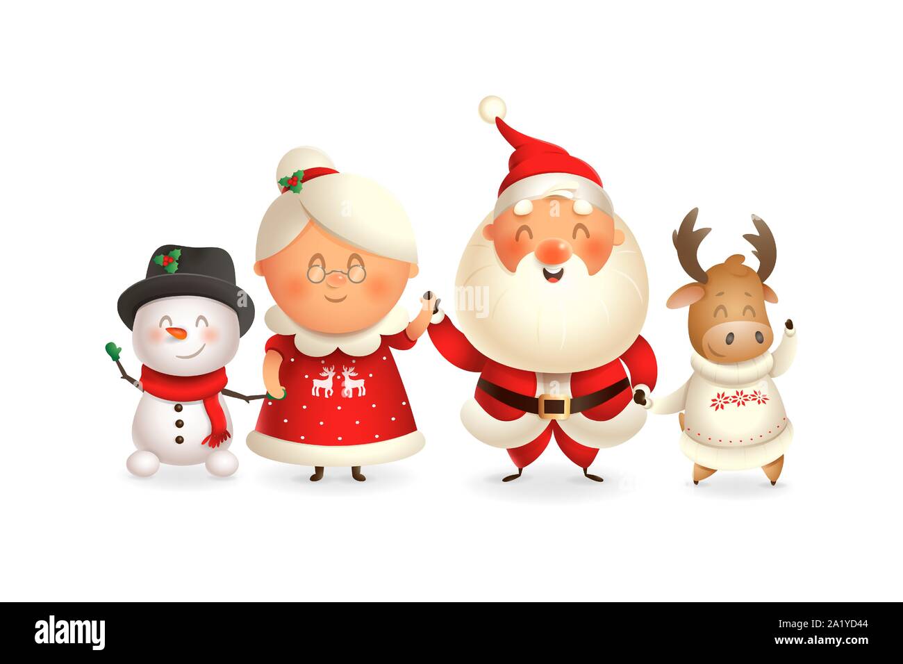 Babbo Natale con la famiglia celebrare le feste - alci, pupazzo di neve e la sig.ra Claus - illustrazione di vettore isolato su sfondo trasparente Illustrazione Vettoriale