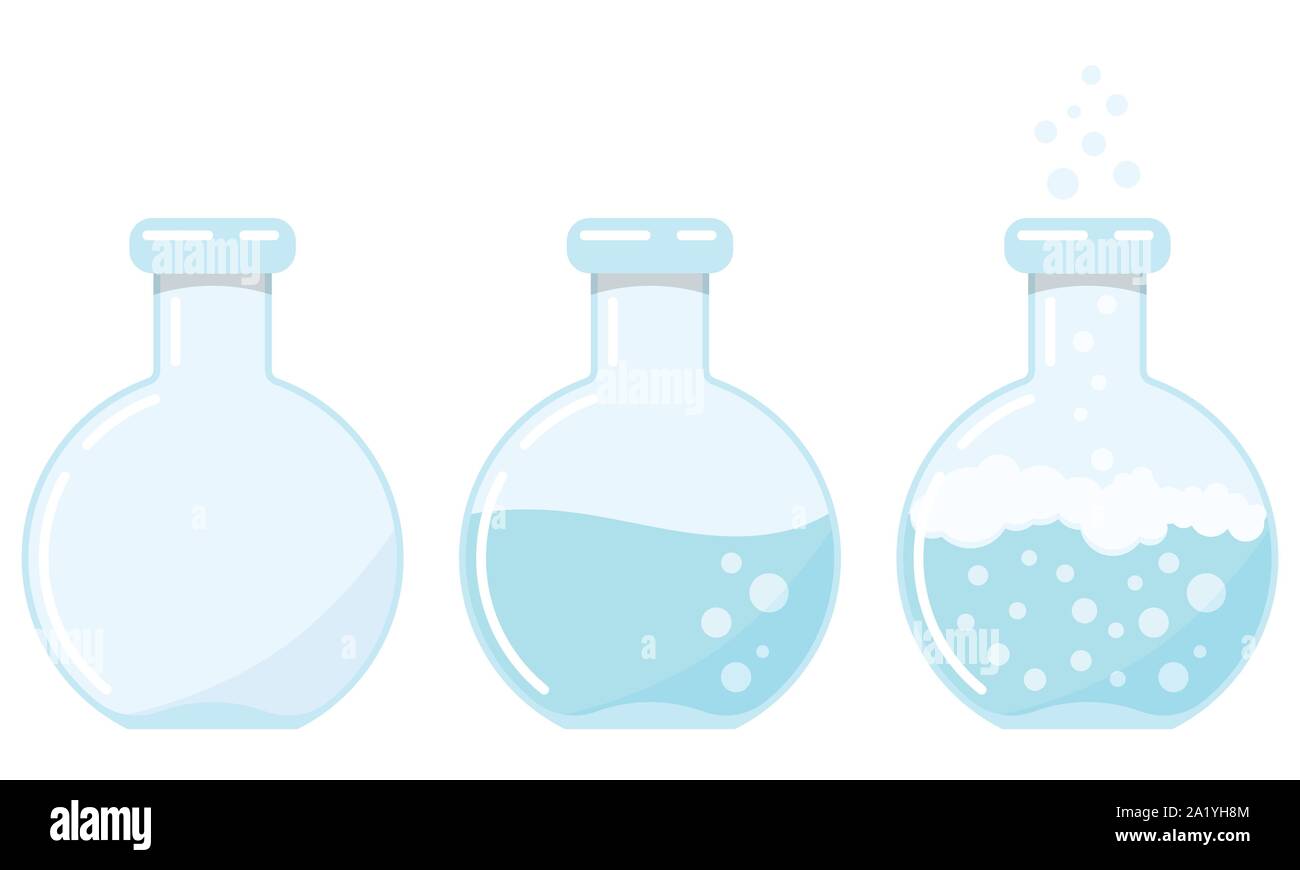 Set di palloni di vetro icona con una procedura di reazione chimica in fasi diverse del processo isolato su sfondo bianco. Illustrazione Vettoriale
