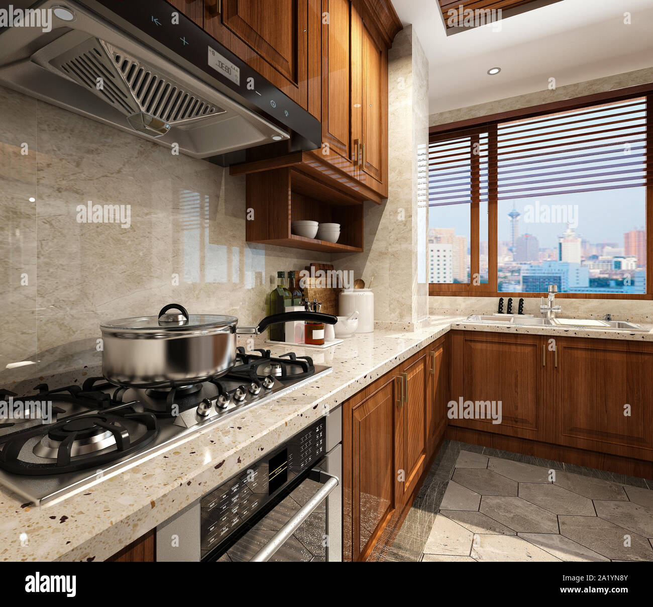 3D render di cucina moderna Foto Stock