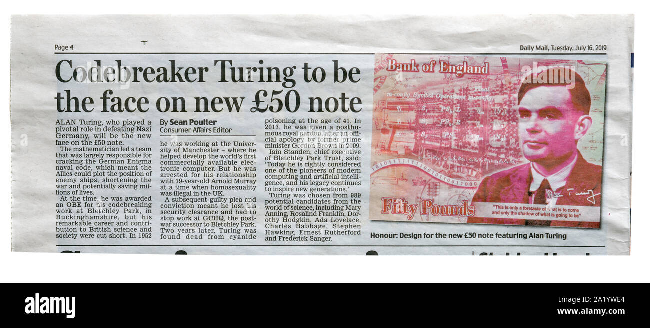 Un articolo del Daily Mail mostra che Alan Turing è quello di essere il nuovo british cinquanta sterline nota Foto Stock