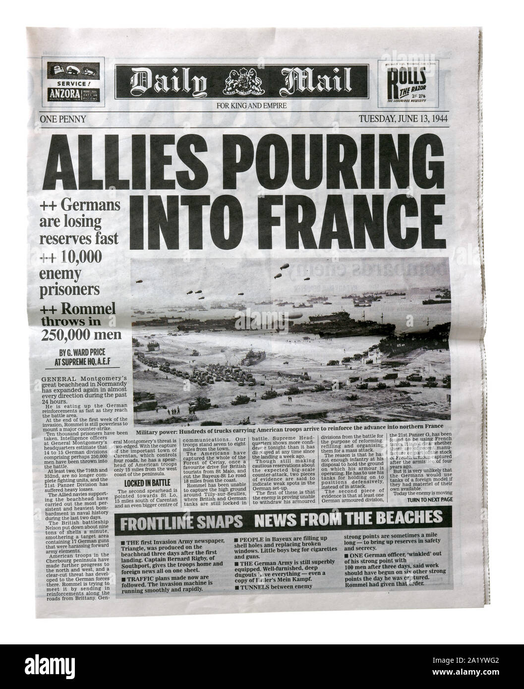 Una riproduzione pagina anteriore del Daily Mail dal 13 giugno 1944 con notizie circa l'invasione alleata della Francia dopo il D-Day. Foto Stock