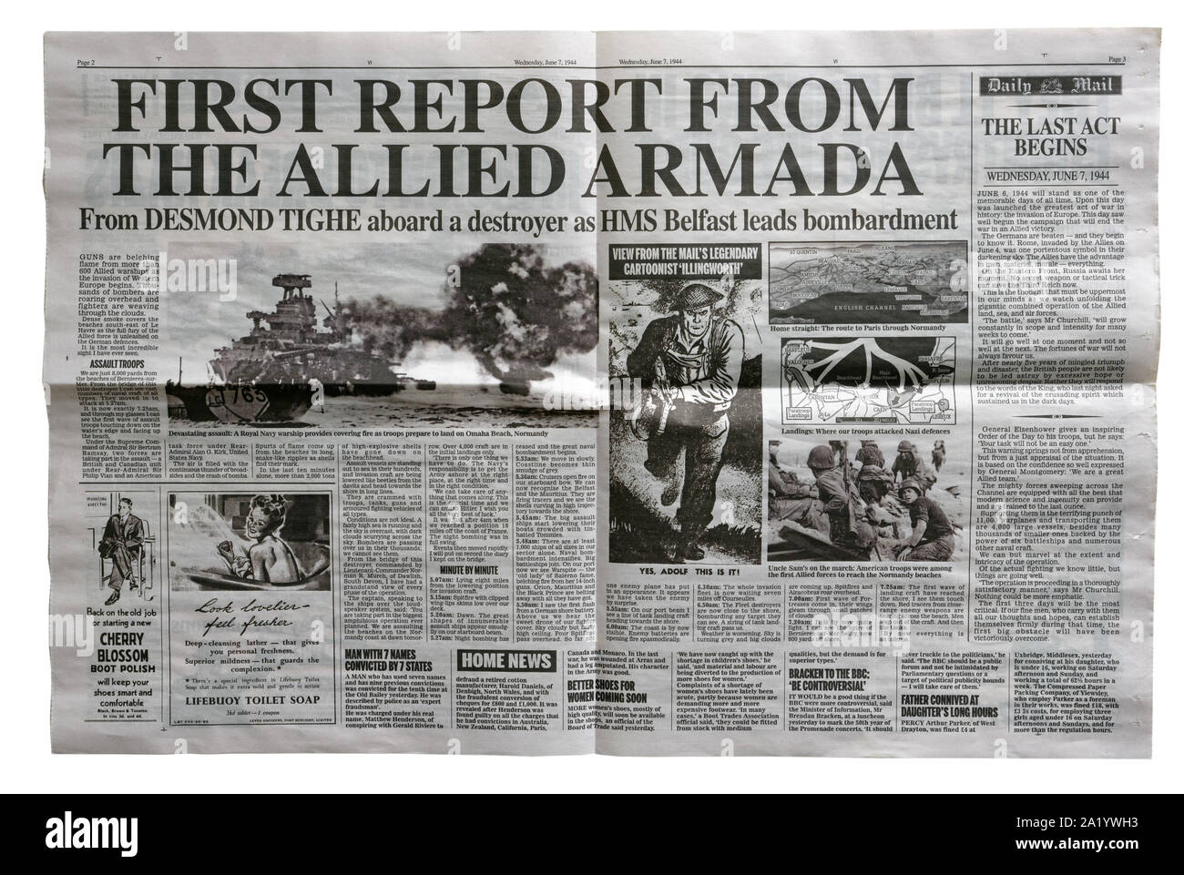 Riproduzione di una pagina interna del Daily Mail dal 7 giugno 1944 con notizie circa l'invasione alleata della Francia dopo il D-Day. Foto Stock