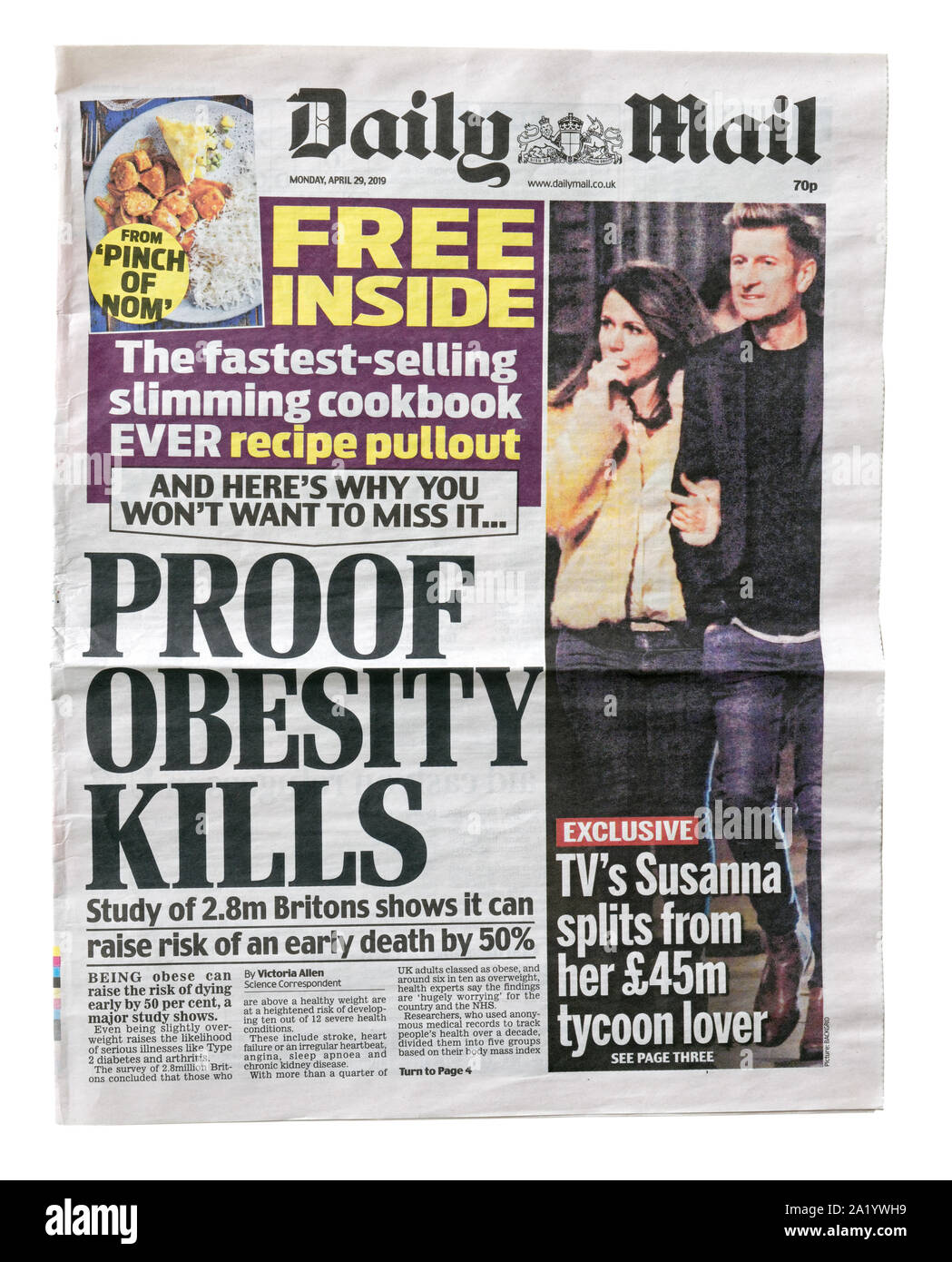 La prima pagina del Daily Mail dal 29 aprile 2019 con il titolo la prova obesità uccide circa i pericoli di essere in sovrappeso Foto Stock