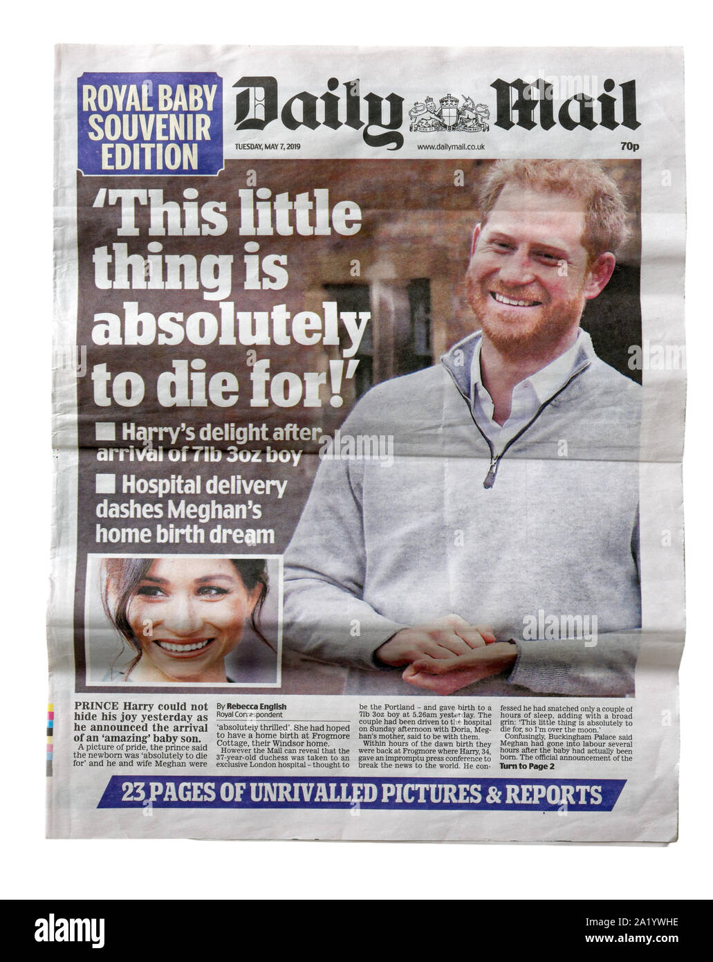 La prima pagina del Daily Mail dal 7 maggio 2019 con il titolo di questo piccolo aggeggio è di morire per circa la nascita del principe Harry & Meghan Markle's b Foto Stock