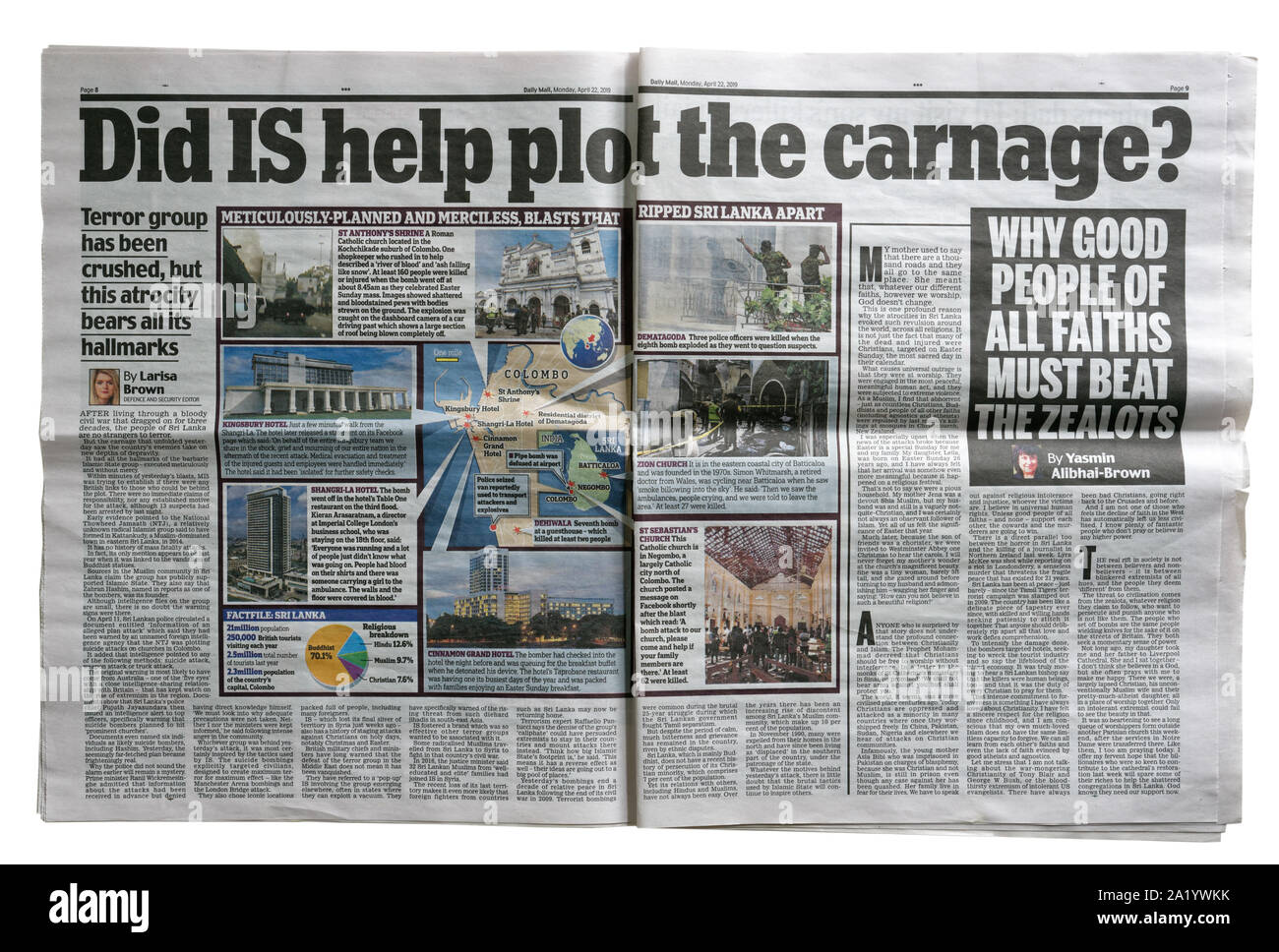 Le pagine interne del Daily Mail circa la Sri Lanka bombardamenti a Pasqua 2019 Foto Stock