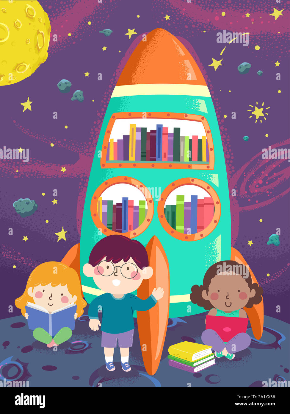 Illustrazione dei bambini la lettura di libri in uno spazio esterno Libreria a tema Foto Stock