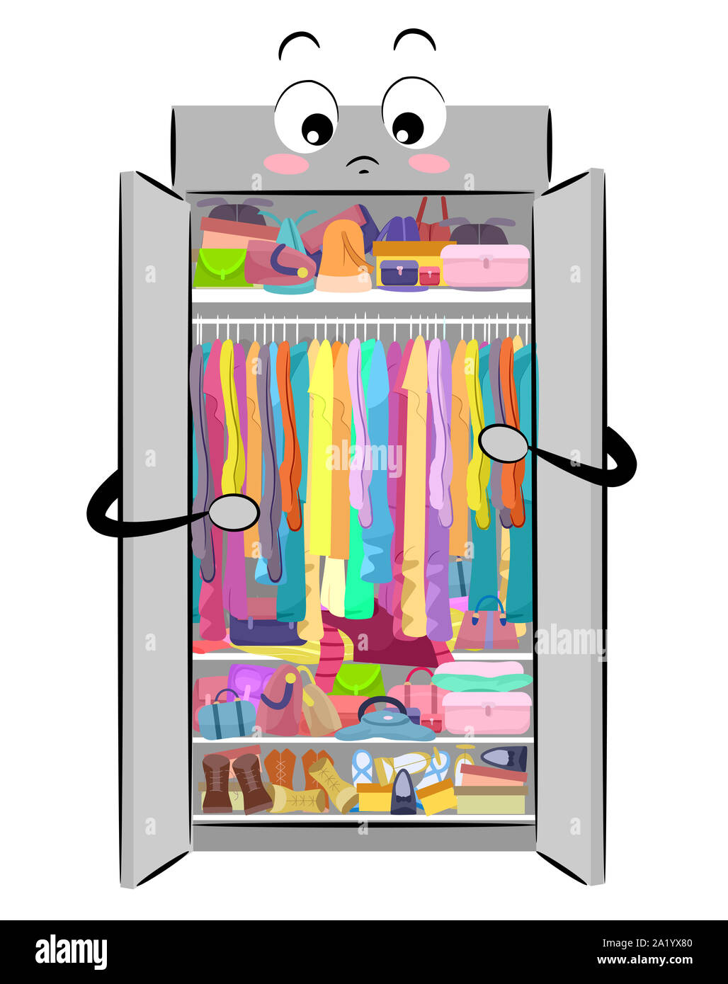 Illustrazione di una mascotte di un armadio pieno di vestiti, borse e scarpe per organizzazione Foto Stock