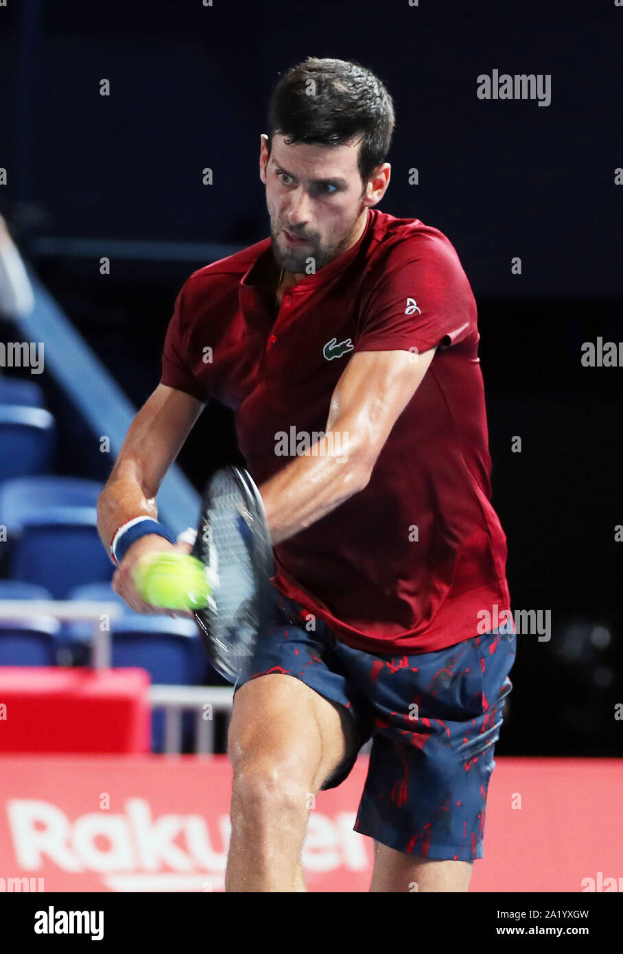 Tokyo, Giappone. 29Sep, 2019. Mondiali di No.1 ranker Novak Djokovic di Serbia restituisce la sfera contro il suo partner raddoppia Filip Krajinovic di Serbia durante una sessione di formazione per l'Rakuten Japan Open tennis campionati a Ariake Colosseum a Tokyo domenica, settembre 29, 2019. A 2 milioni di dollari di ATP torneo500 si terrà qui a partire dal mese di settembre 30 attraverso il 6 ottobre. Credito: Yoshio Tsunoda/AFLO/Alamy Live News Foto Stock