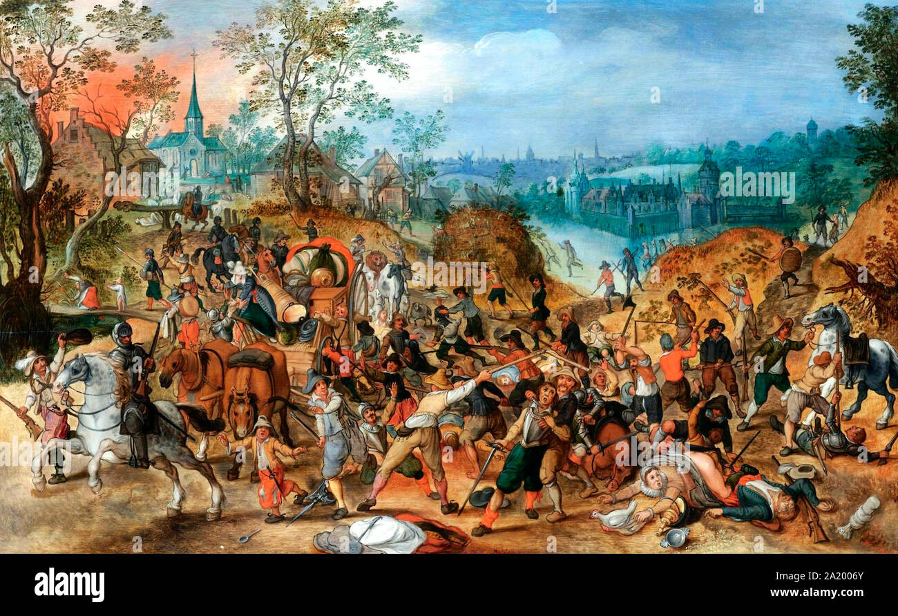 Un paesaggio con i viaggiatori hanno teso una imboscata al di fuori di una piccola città - Sebastiaan Vrancx, probabilmente al tempo della Guerra dei Trent'anni Foto Stock