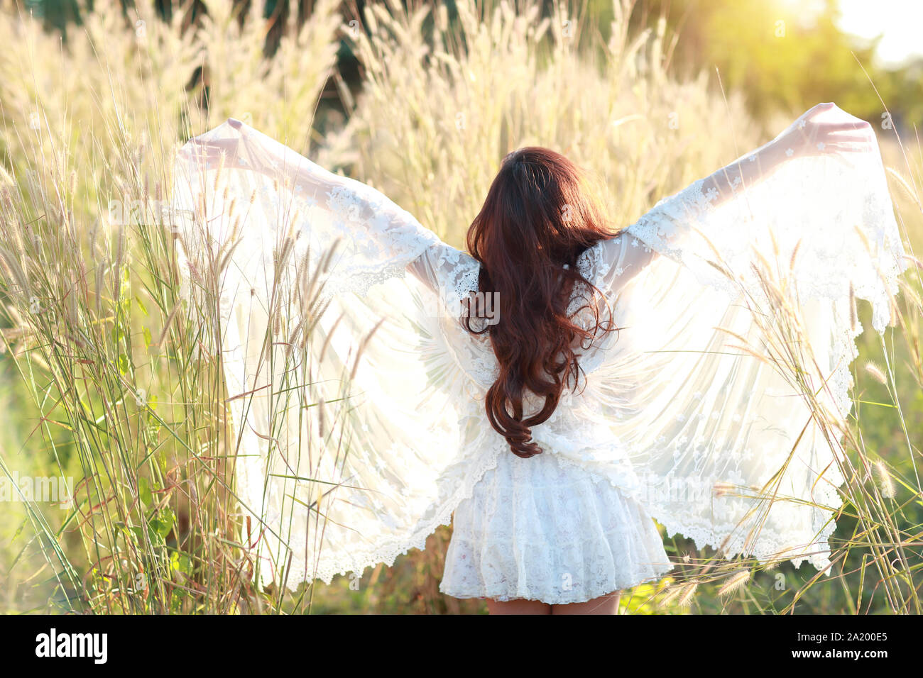 Ritratto di donna bella avente un periodo felice e godendo tra campo di erba in natura Foto Stock