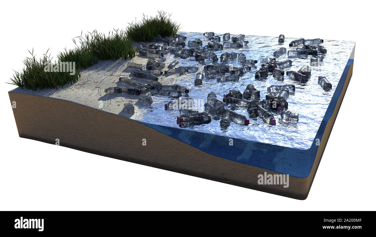 Le bottiglie di acqua oceanica, la sezione trasversale di una zona di filamenti di plastica con l'inquinamento, cubo di spiaggia isolata su sfondo bianco Foto Stock