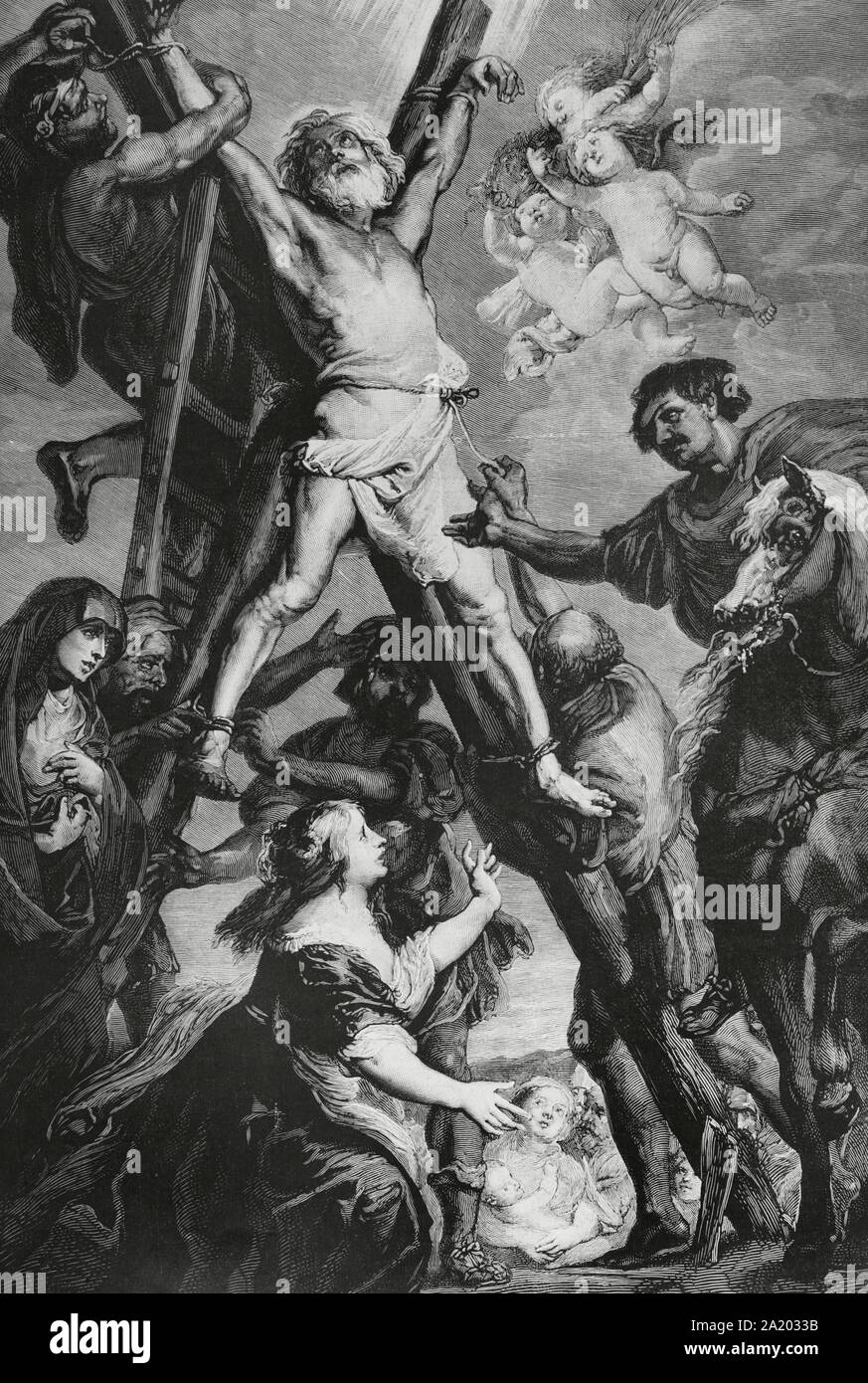 Andrés el Apóstol (siglo I). Apóstol de Jesús y hermano mayor del apóstol Pedro. " El Martirio de San Andrés'. Grabado por Arturo Carretero (1852-1903) a partir de onu Cuadro de Rubens, existente en la Iglesia de San Andrés de los Flamencos, en Madrid. La Ilustración Española y Americana, 15 de mayo de 1884. Foto Stock