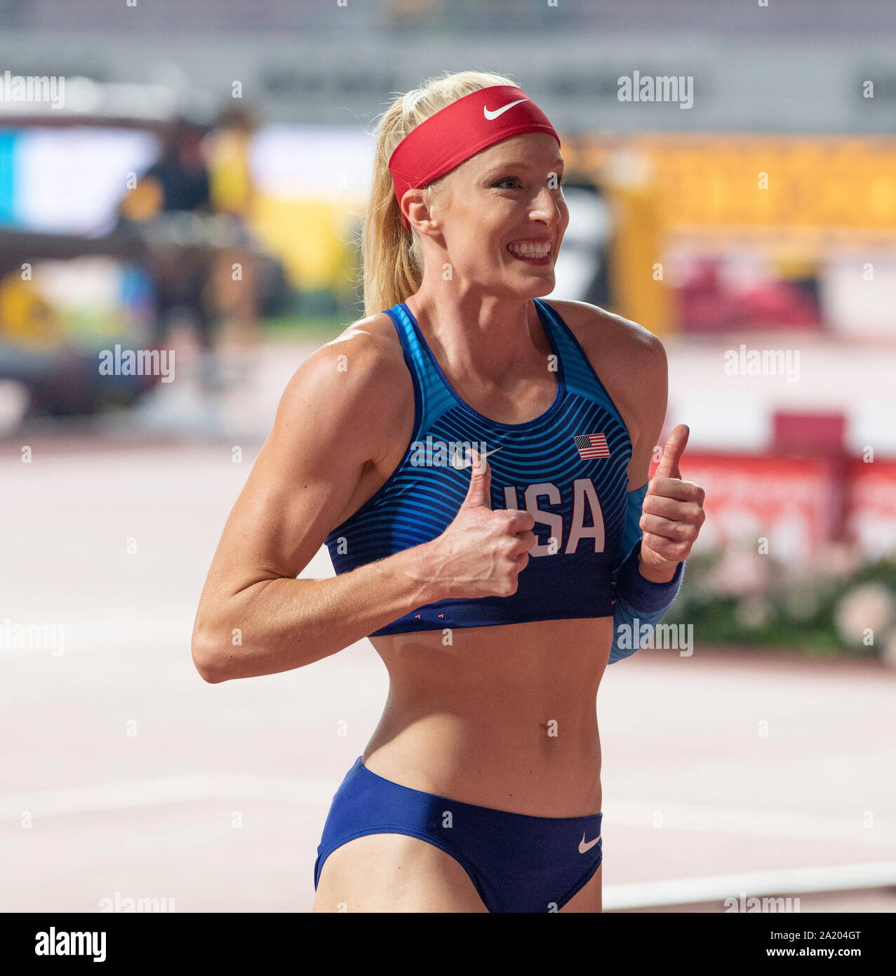 Doha in Qatar. 29Sep, 2019. Sandi Morris vince la medaglia d'argento in pole vault durante la IAAF Campionati del Mondo Al Khalifa International Stadium di Doha. Credito: SOPA Immagini limitata/Alamy Live News Foto Stock