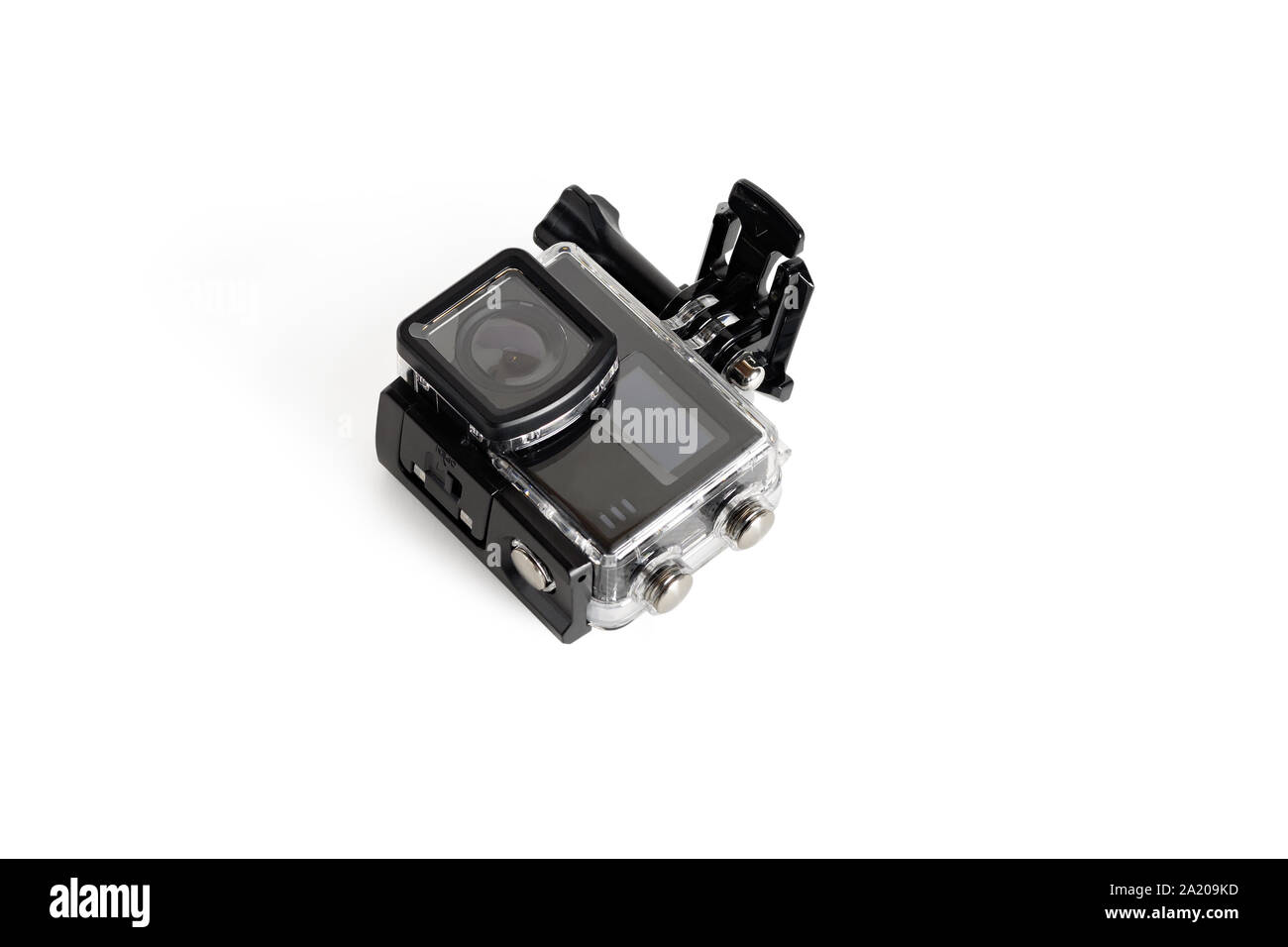 Foto compatta fotocamera nella casella di subacquea.isolati su sfondo bianco. Foto Stock