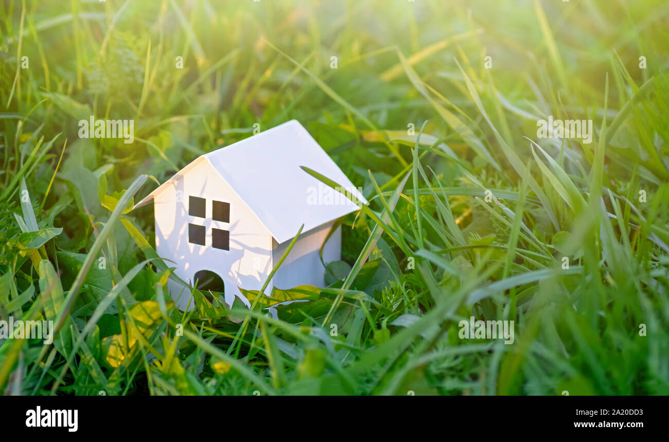 Giocattolo di legno casa su uno sfondo di erba verde. Eco-friendly house. Immobiliare di concetto. Copia dello spazio. Foto Stock