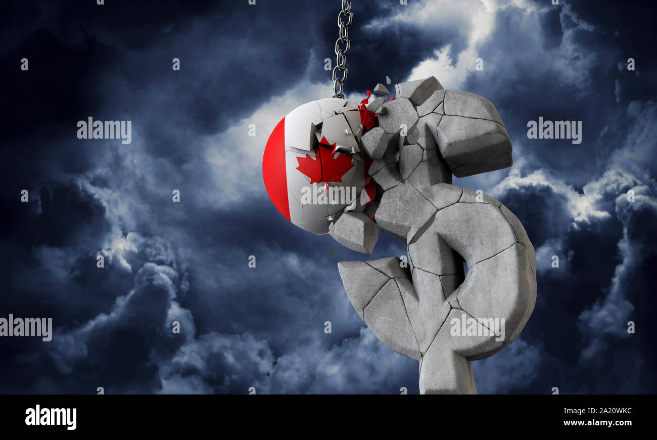 Canada bandiera ball smashing un dollaro USA il simbolo di valuta. 3D Render Foto Stock