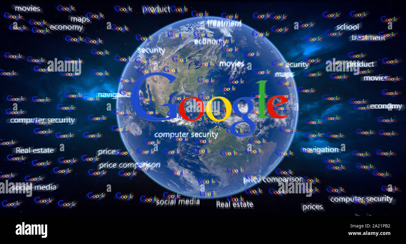 Logo di Google sul monitor di un computer. Motore di ricerca universale Immagine logo di Google sul monitor di un computer. Motore di ricerca universale immagine Foto Stock