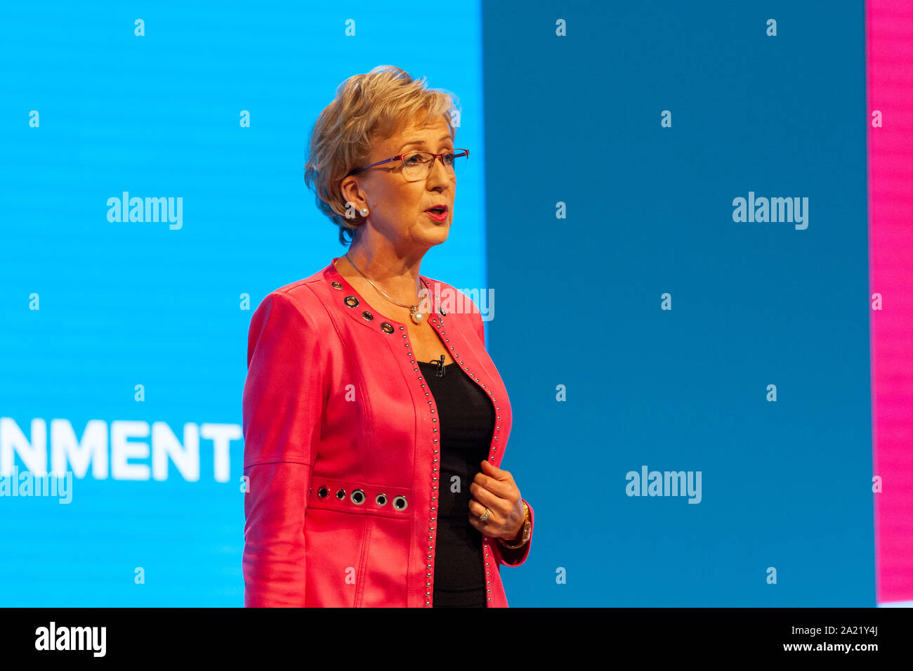 Manchester, Regno Unito. Il 30 settembre 2019. Il segretario di Stato per gli affari, di energia e di strategia industriale, Rt Hon Andrea Leadsom MP, parla il giorno 2 del 2019 congresso del partito conservatore al Manchester Central. Credito: Paolo Warburton/Alamy Live News Foto Stock