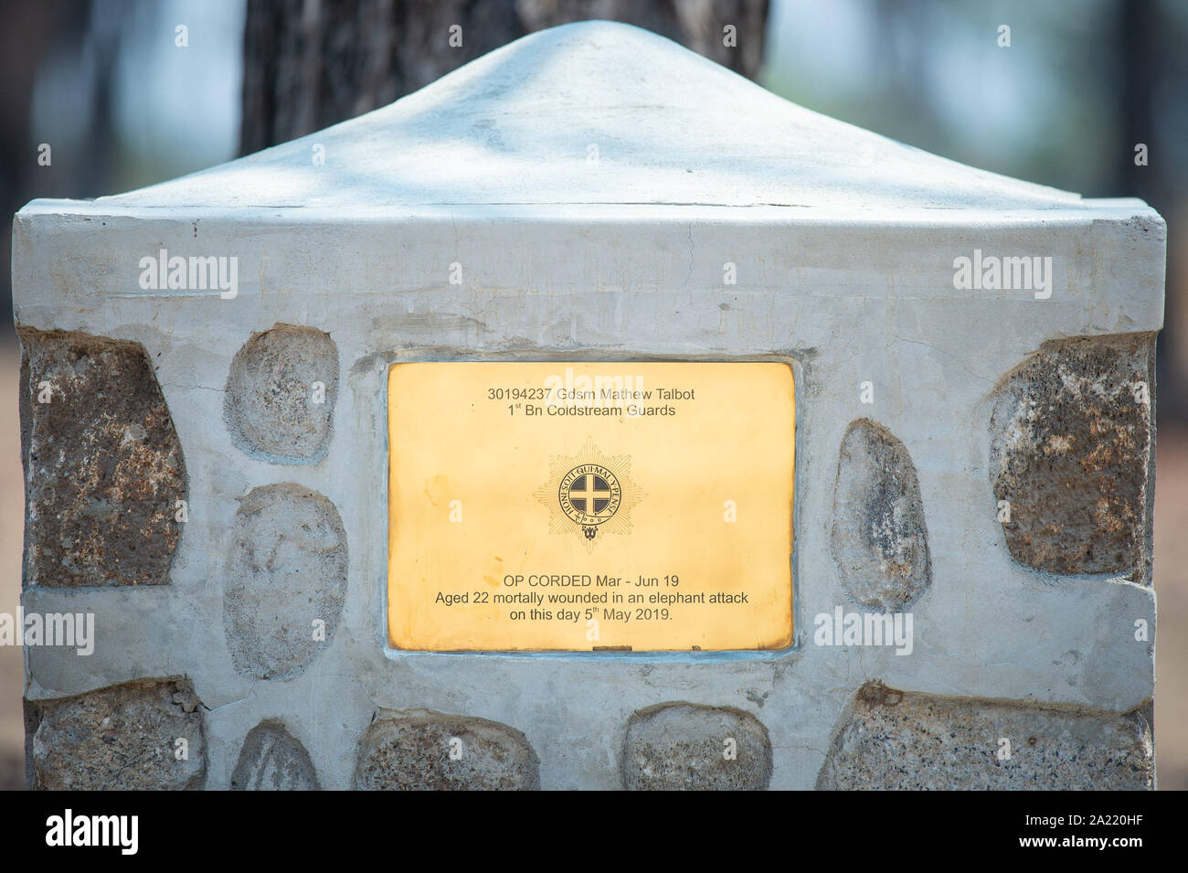 Il monumento di pietra per Guardsman Mathew Talbot delle guardie Coldstream al Liwonde parco nazionale in Malawi. Guardsman Talbot ha perso la vita nel maggio 2019 su un giunto anti-caccia di frodo patrol con locale park rangers. Foto Stock