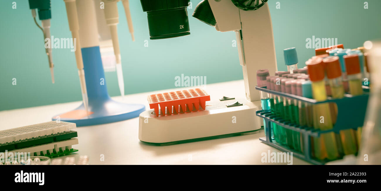 Laboratorio di ricerca genetica. Le piastre PCR e pipette multicanale Foto Stock