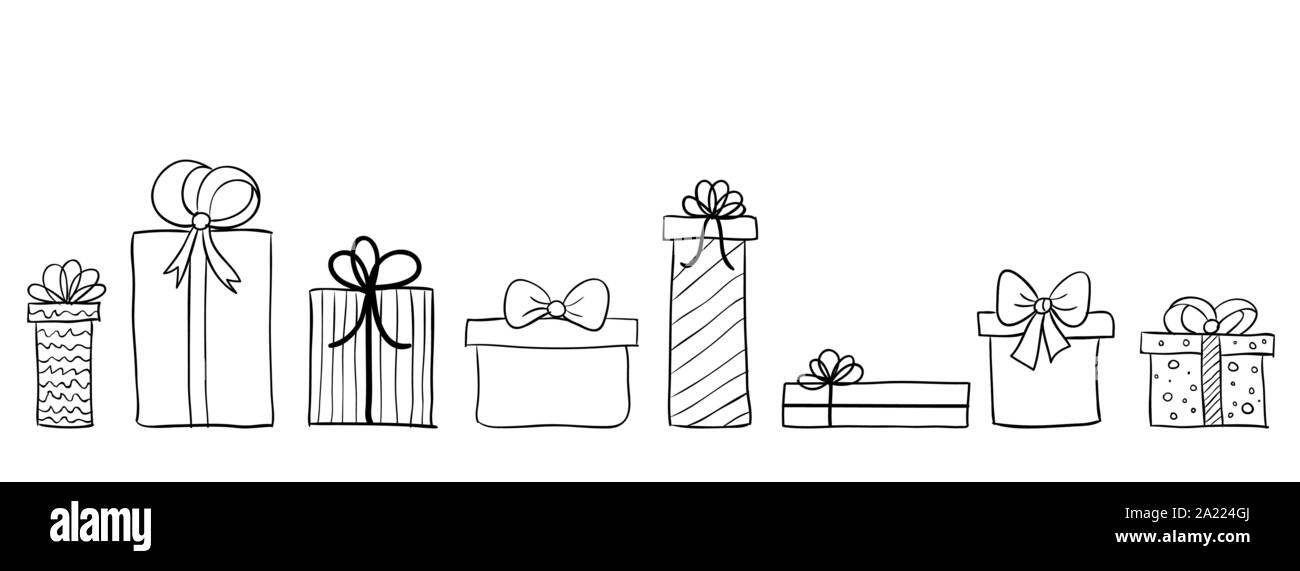 Seamless long banner con disegnati a mano confezioni regalo. Sfondo vettoriale con doodle presenta. Banner di natale, biglietto di auguri Illustrazione Vettoriale