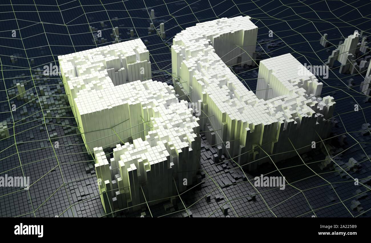 Piccole caselle che formano il simbolo 5G su sfondo digitale scuro. Illustrazione 3D. Foto Stock