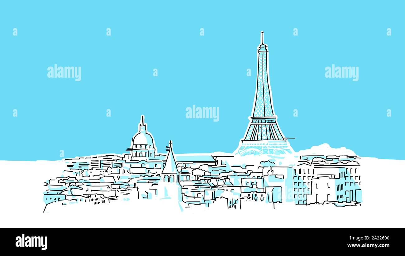Parigi vettore Lineart schizzo e Illustrazione disegnata su sfondo blu. Illustrazione Vettoriale