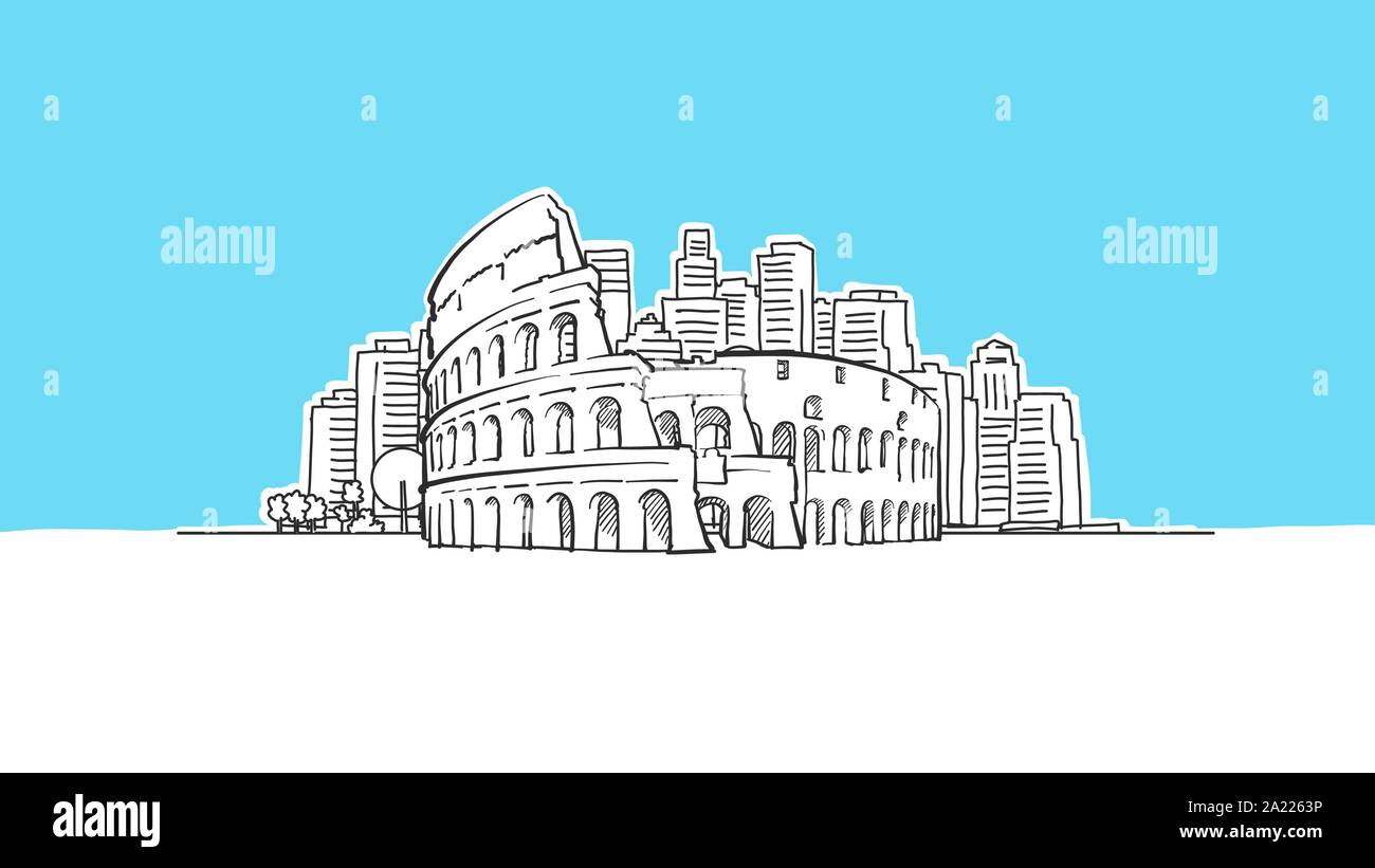Colosseo a Roma Lineart vettore schizzo e Illustrazione disegnata su sfondo blu. Illustrazione Vettoriale