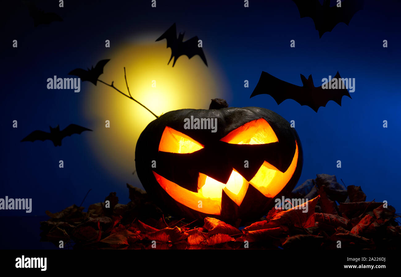 Foto di una zucca con bocche di masterizzazione, Pipistrelli di notte con la luna Foto Stock