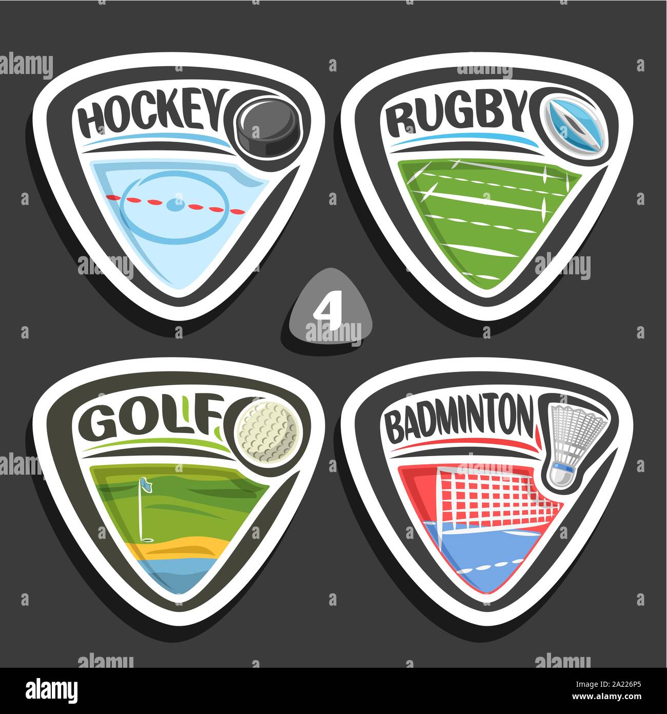 Set di vettore di sport loghi, 4 triangolo badge semplice con sfere, sport segni di design minimale con attrezzature di gioco per sporting club o a scuola, origine Illustrazione Vettoriale