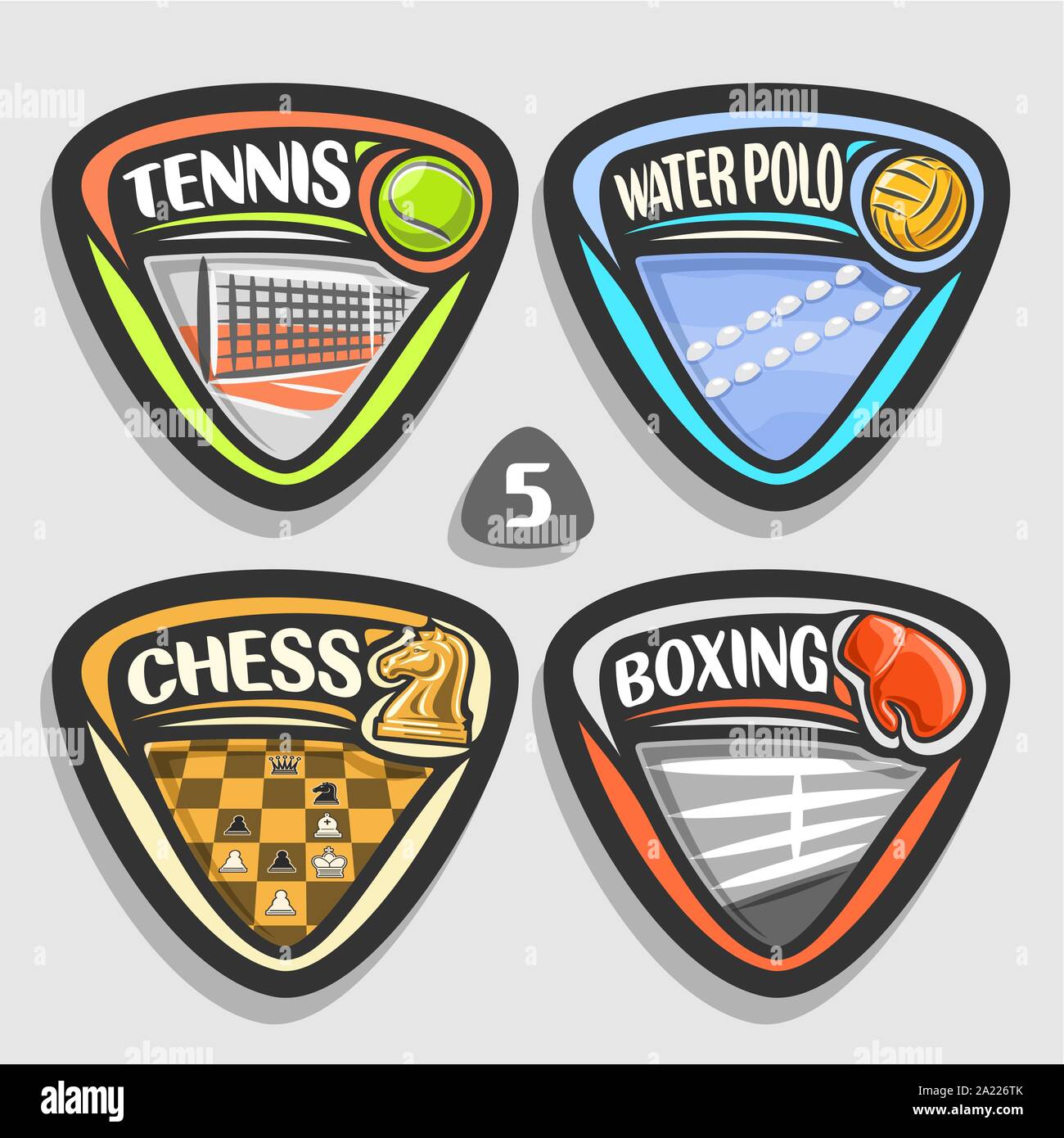 Set di vettore di sport loghi, 4 triangolo badge semplice con sfere, sport segni di design minimale con attrezzature di gioco per sporting club o a scuola, origine Illustrazione Vettoriale