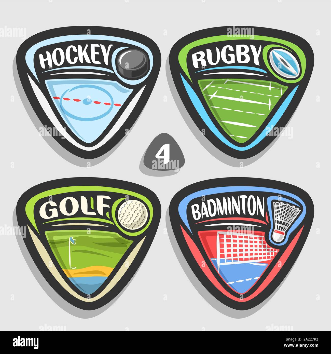 Set di vettore di sport loghi, 4 triangolo badge semplice con sfere, sport segni di design minimale con attrezzature di gioco per sporting club o a scuola, origine Illustrazione Vettoriale