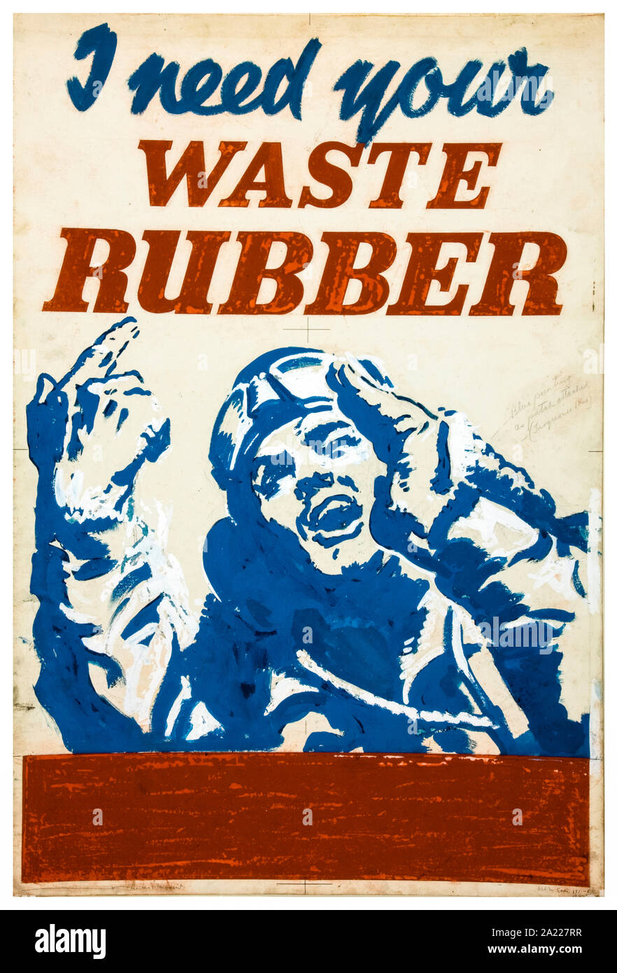 British, WW2, recupero, ho bisogno dei vostri rifiuti, gomma (airman calling), poster, 1939-1946 Foto Stock