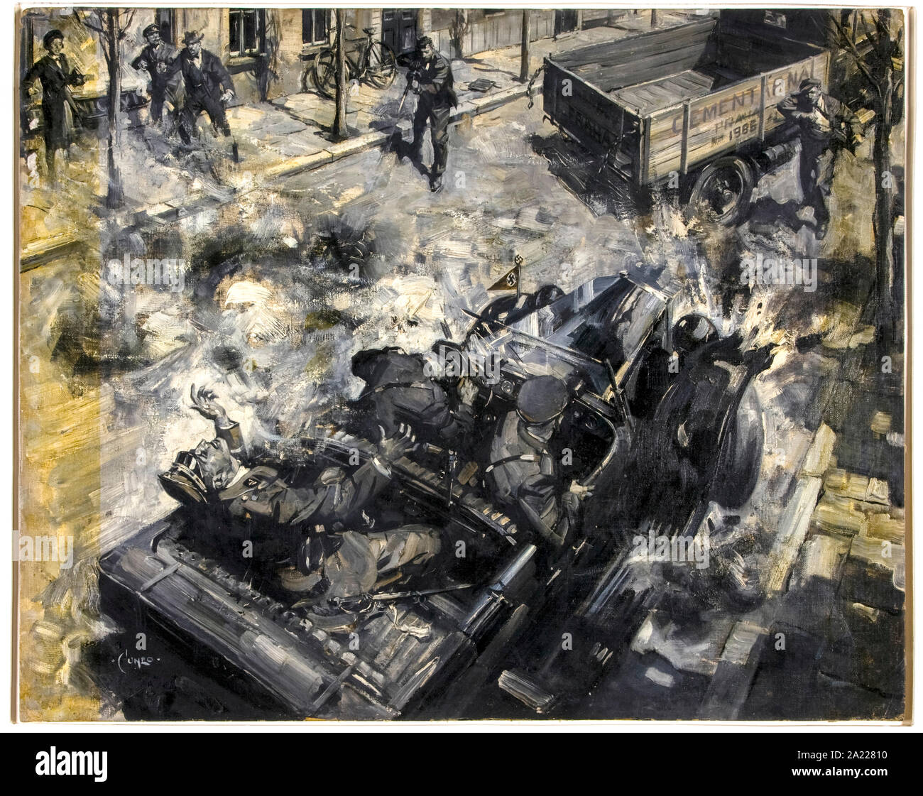 British, WW2, Artwork, assassinio di Reinhard Heydrich, dipinto da Terence Cuneo, 1939-1946 Foto Stock