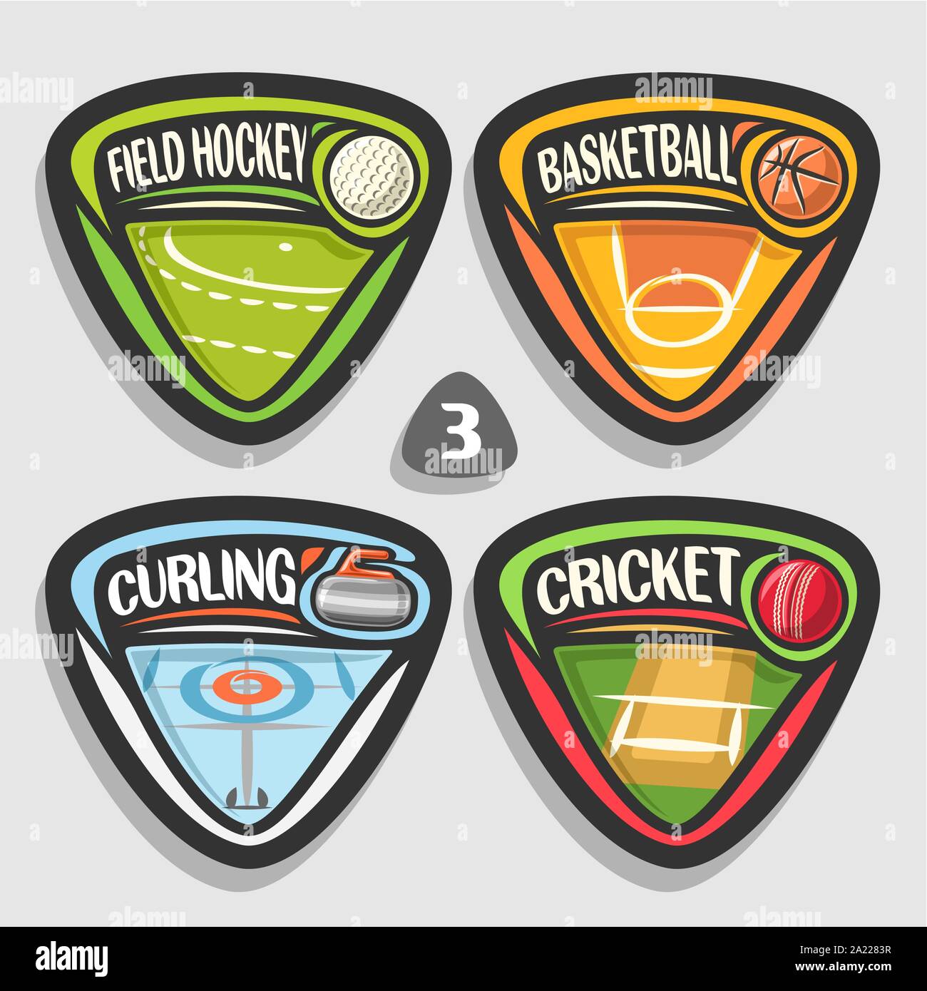 Set di vettore di sport loghi, 4 triangolo badge semplice con sfere, sport segni di design minimale con attrezzature di gioco per sporting club o a scuola, origine Illustrazione Vettoriale