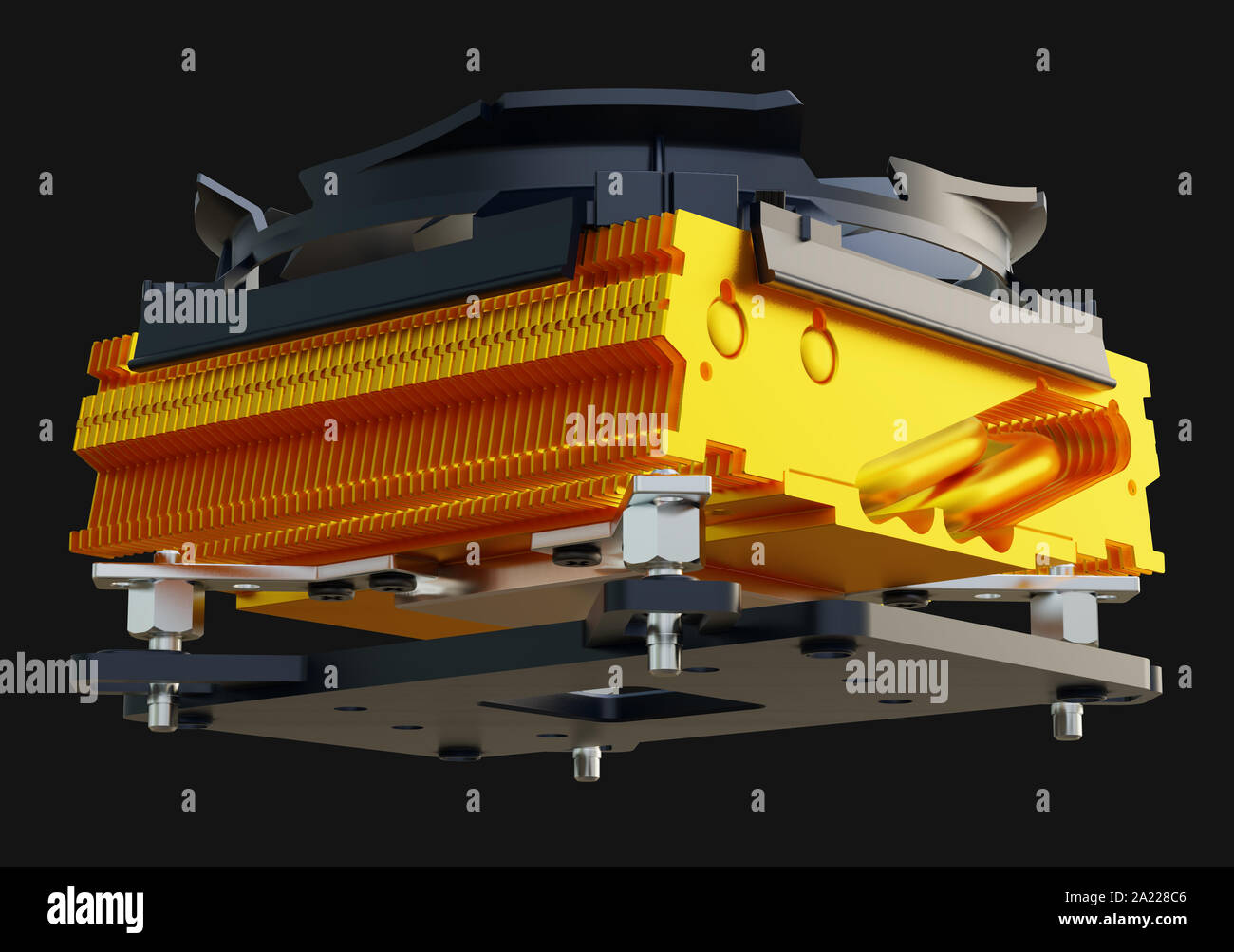 La ventola della CPU dello scambiatore di calore per PC isolati su sfondo. Il rendering 3D. Foto Stock