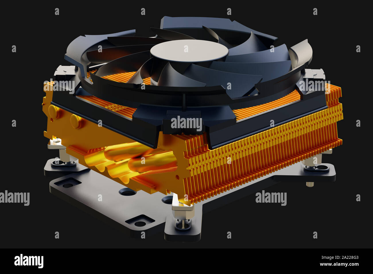 La ventola della CPU dello scambiatore di calore per PC. Il rendering 3D. Foto Stock