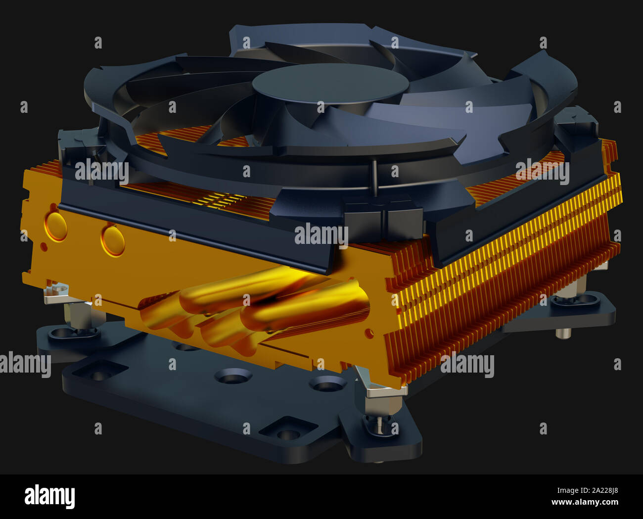 La ventola della CPU con rame radiatore. Il rendering 3D. Foto Stock