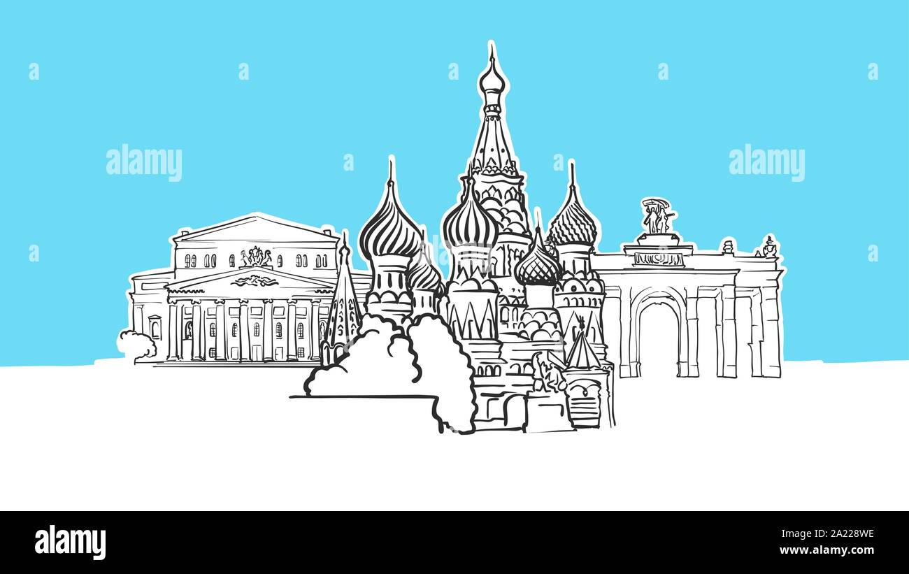 Mosca Russia Lineart vettore schizzo e Illustrazione disegnata su sfondo blu. Illustrazione Vettoriale