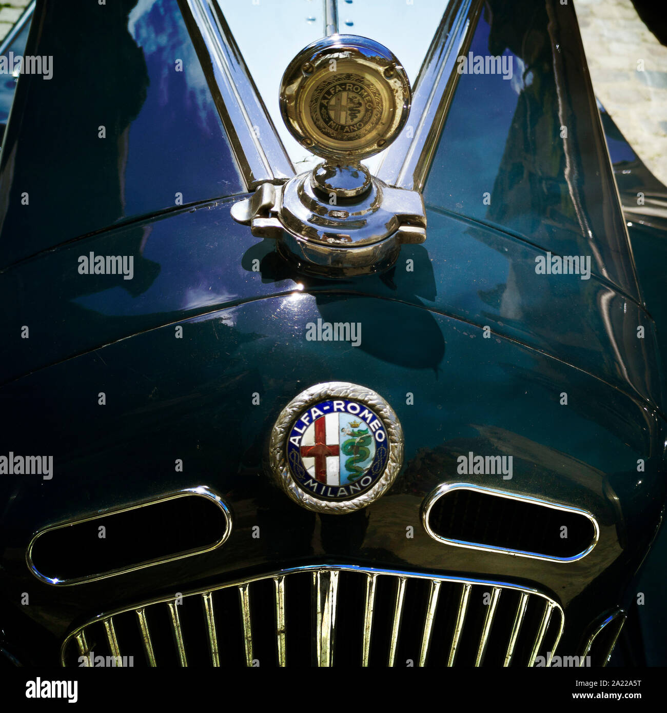 Alfa Romeo emblema sul cofano Foto Stock