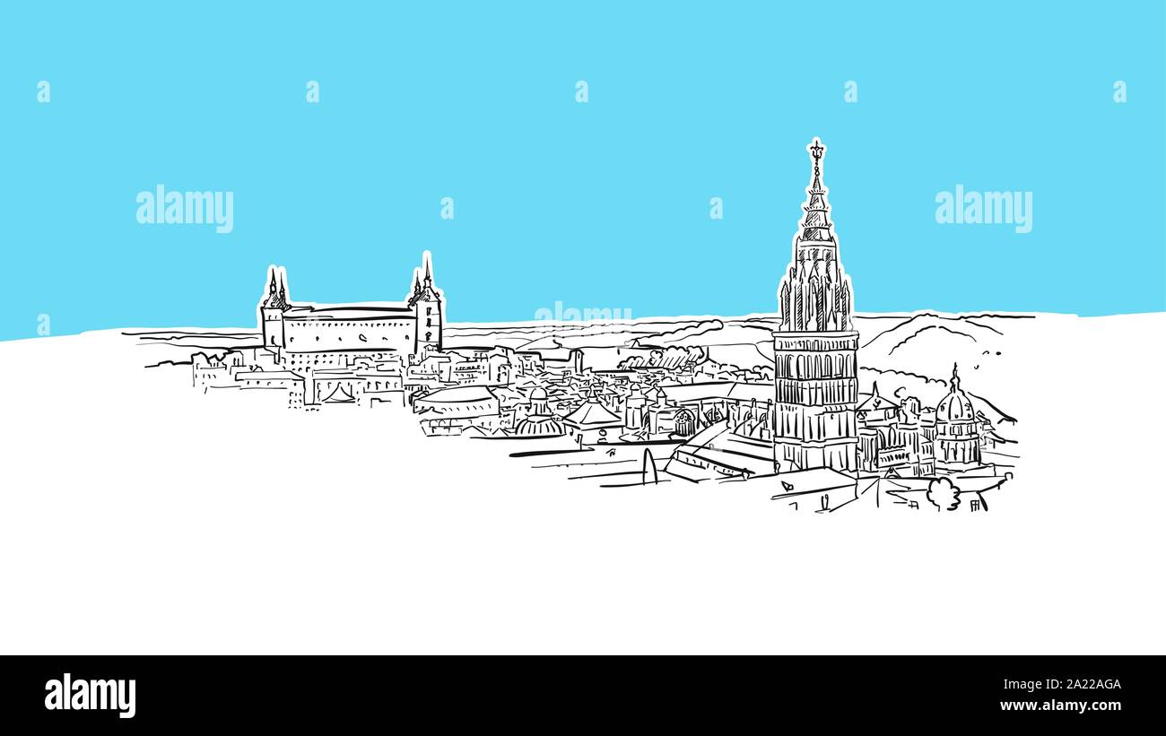 Toledo Panorama vettore Lineart schizzo e Illustrazione disegnata su sfondo blu. Illustrazione Vettoriale