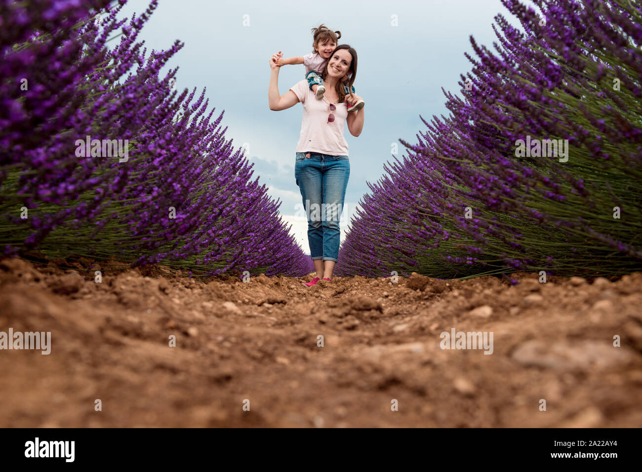 Felice madre e figlia a passeggio tra i campi di lavanda in estate Foto Stock